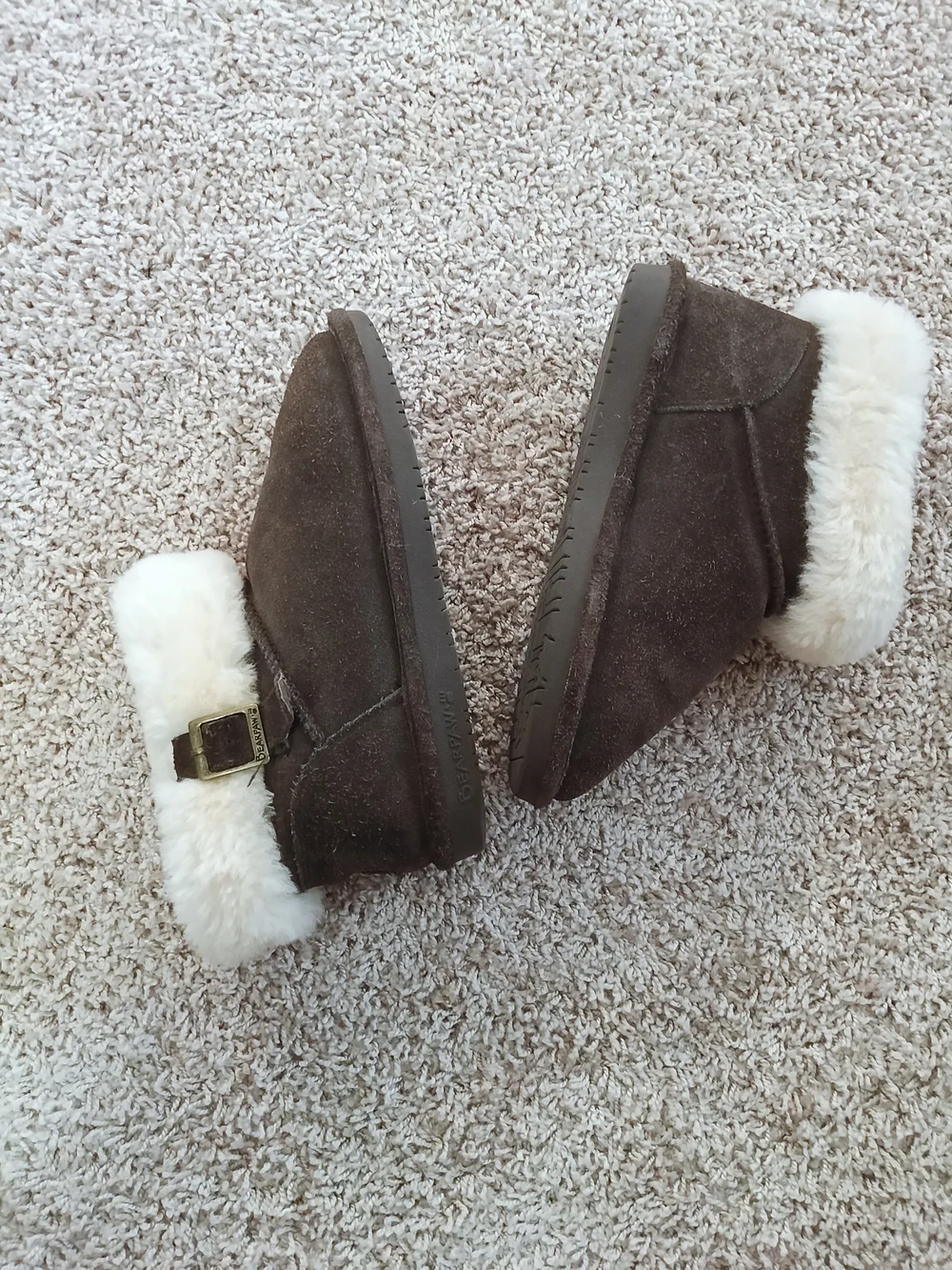 BearPaw Brown Suede Ankle‎ Booties with Cream Faux-Fur Cuff